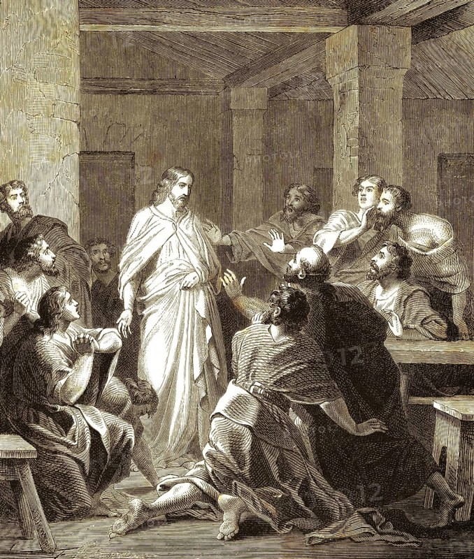 Peace be upon you! Jesus appears in the evening to the assembled disciples, chapter 20, verses 19 and 20, Gospel of John, New Testament, first Sunday after Easter, Sabbath, shake hands, greet, joy, reunion, wonder, interior, Bible, historical illustration 1850