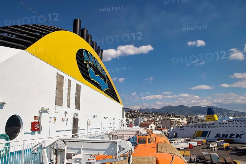 View from a large ferry to a port city with blue sky and clouds, Old ferry port in the center of Patras, Ferries, Patras, Peloponnese, Greece