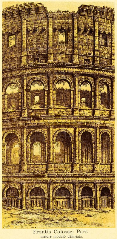 Part of the outer wall of the Amphiteatrum Flavium, Colosseum, amphitheatre, built 72-80 AD, several floors, entertainment, fun, cruelty, title, ancient Rome, Italy, coloured historical illustration from 1882