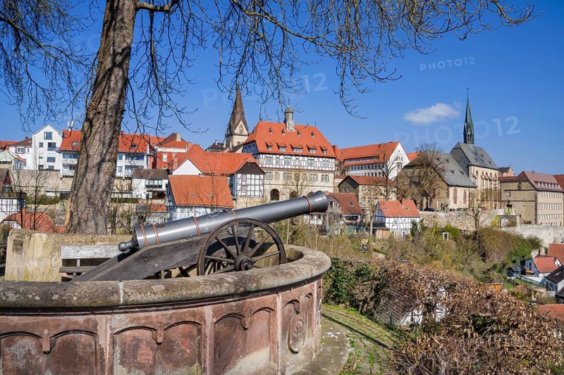 The Fügeler cannon on the castle rondel with panoramic view over medieval town of Warburg