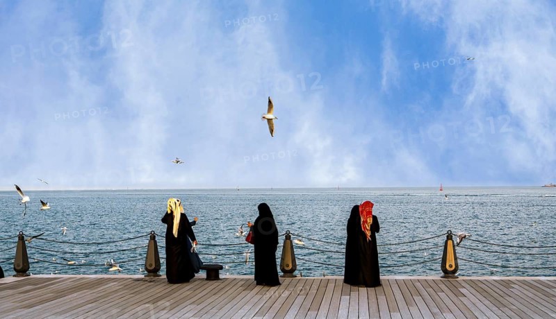 Mina District across from the cruise terminal, locals and tourists feed the seagulls, Doha, United Arab Emirates, Western Asia