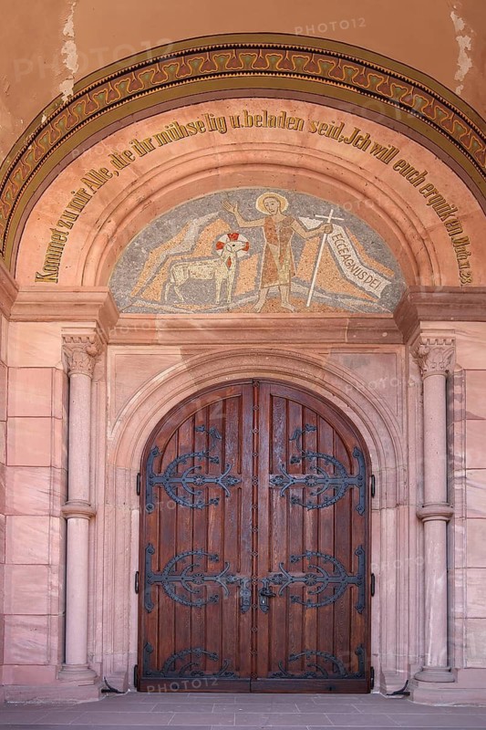 Portal of the neo-Romanesque church of St John the Baptist with biblical quotation: Come unto me, all ye that labour and are heavy laden. Gospel of Matthew, Evangelist, Jesus, wall painting, biblical, saying, fittings, church door, St John the Baptist, Forbach, Black Forest, Northern Black Forest, Baden-Württemberg, Germany