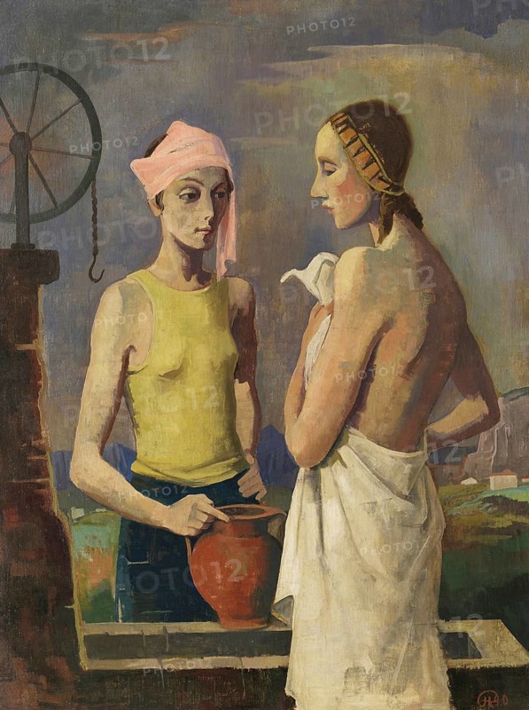 Karl Christian Ludwig Hofer, also Carl Hofer (born 11 October 1878, died 3 April 1955), German painter of Expressionism and Expressive Realism. Here his work Zwei Frauen am Brunnen, Two Women at the Well (1940), Painting, Reproduction of the painting, Original condition, Work of art, Historical, Two woman stand in conversation next to a water jug, painted in soft pastel colours
