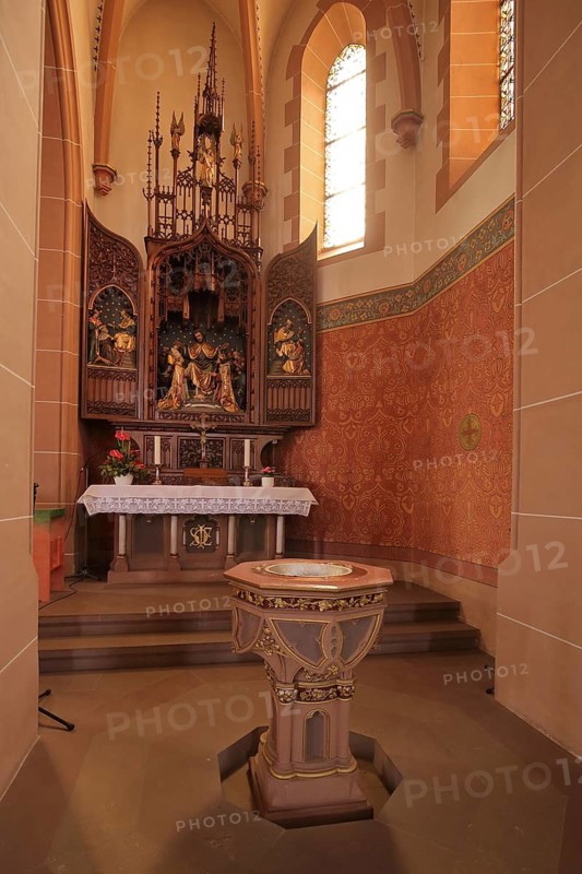 Interior view of neo-Gothic St. Martin church built in 1895 and high altar with baptismal font, Schweich, Middle Moselle, Moselle, Rhineland-Palatinate, Germany