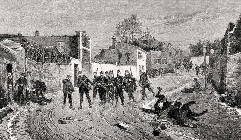 Scene from the Franco-Prussian War, a French battalion of infantrymen occupies a village