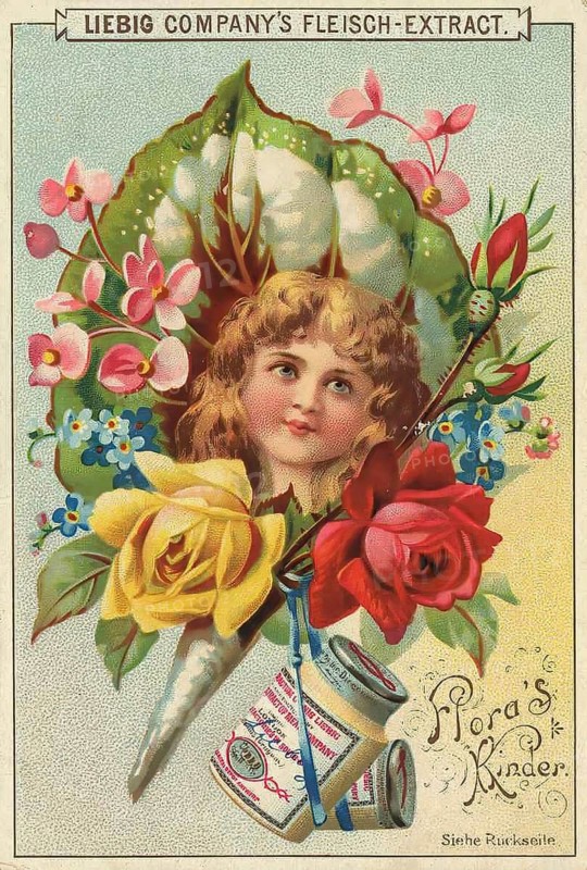 Picture series Flora's children, portrait of a child surrounded by blossoms and flowers, Liebig picture, digitally restored reproduction of a collector's picture from around 1900, public domain, exact date unknown, a girl surrounded by yellow and red roses in a dreamy, nostalgic style