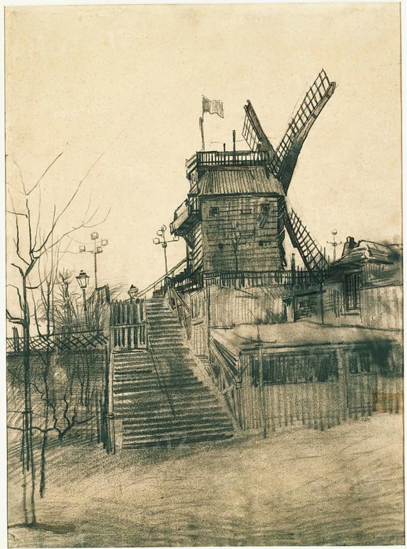 Moulin de la Galette, windmill, painting by Vincent Willem van Gogh (born 30 March 1853 in Groot-Zundert, died 29 July 1890 in Auvers-sur-Oise), Dutch painter and draughtsman, one of the founders of modern painting, illustration, reproduction of a painting. Authentic, exact date of the original unknown, Historical