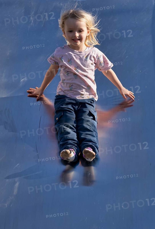 Little girl, 3 years, blonde, playground, slides on slide, playground, Stuttgart, Baden-Württemberg, Germany