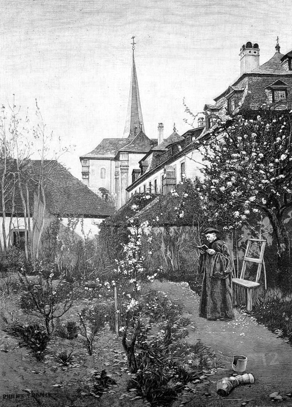 In the monastery garden, man wearing a monk's clothes stands in the garden and reads in a book, spring mood, in the background a building and church tower, 1891, authentic, digitally restored reproduction from a 19th-century model, exact date of presentation unknown, historical, A monk standing in a monastery garden with a church in the background