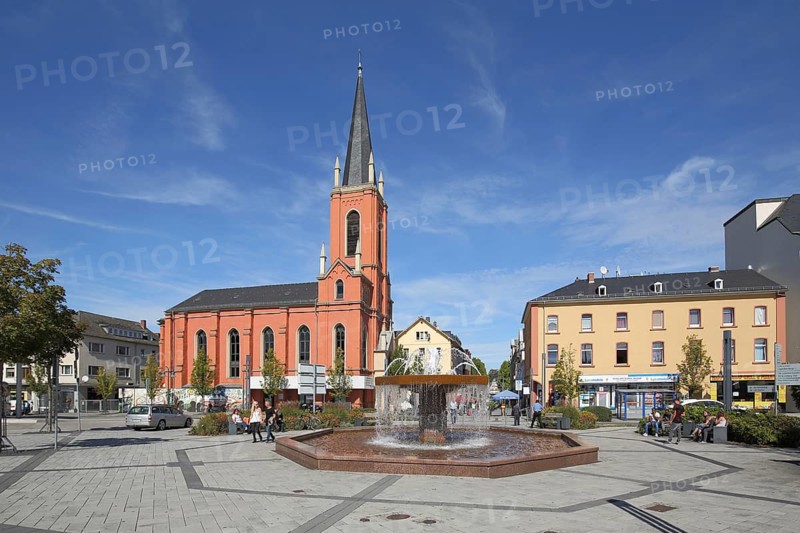 Fountain and Protestant Church, Bahnhofsplatz, Limburg, Hesse, Germany