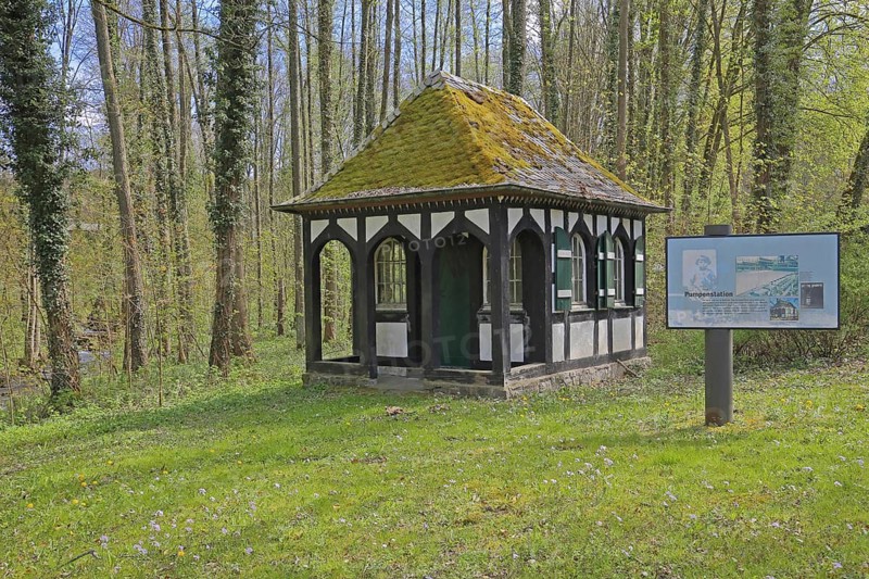 Pumping station, small house in the forest and information board, idyll, mossy, half-timbered house, paper museum, Alte Dombach, Bergisch Gladbach, Bergisches Land, North Rhine-Westphalia, Germany