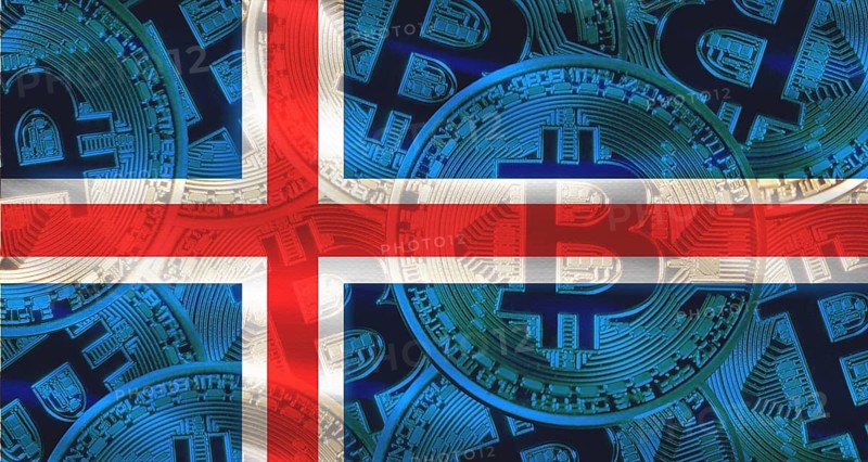 Golden bitcoin coins on Iceland flag. Bitcoin coins on Iceland flag background