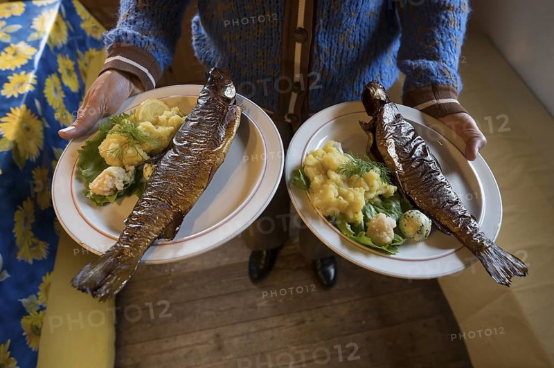 Smoked trout with potato salad is served by the waitress, Bavaria, Germany