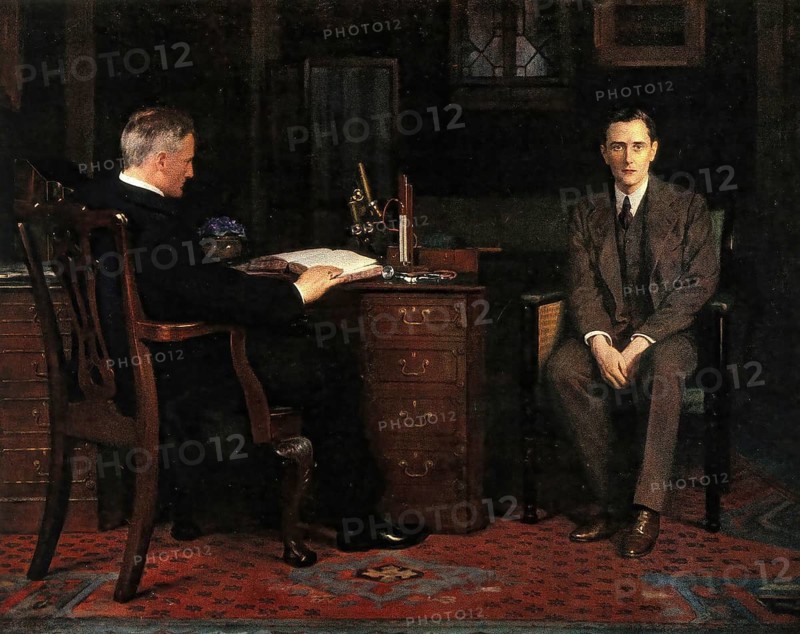 John Collier (born 28 January 1850 in London, died 11 April 1934), British writer and painter in the Pre-Raphaelite style, here his work:, Sentence of death (1908), The artwork portrays a doctor delivering the news to a young patient that he is going to die, A man sits at a desk and reads while another man sits opposite him and listens