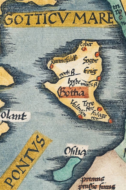 Gotland, detail from an antique historical map of Scandinavia Norbegia & Gottia by Lorenz Fries, Claudius Clavus and Martin Waldseemüller, old coloured woodcut, Strasbourg 1541