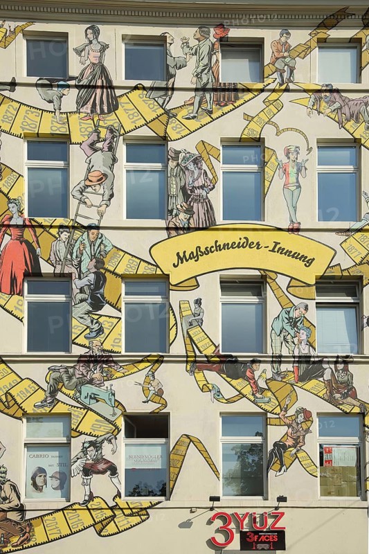 Mural tailor guild, tailoring, tape measure, figures, fashion, clothing, downtown, Main, Frankfurt, Hesse, Germany