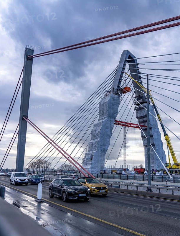 New construction of the A1 motorway bridge over the Rhine near Leverkusen, after completion of the new bridge, the old one in front will be demolished and another, for a total of 8-lane expansion, will be rebuilt at the same location, Leverkusen, North Rhine-Westphalia, Germany
