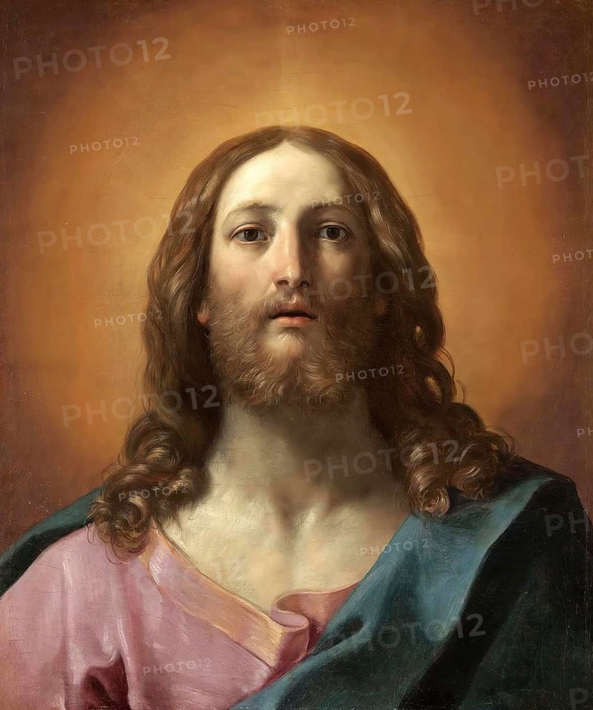Painting, Reproduction of the painting, Work of art, Historical, Guido Reni, called il Guido or il divino Guido (born 4 November 1575 in Bologna, died 18 August 1642) Italian painter, fresco artist and etcher of the Bolognese school, main representative of a baroque classicism in painting, here the work:, Bust Of Christ (Salvator Mundi), Bust of Christ (Salvator Mundi), Portrait of Jesus with gentle expression and halo, Renaissance style