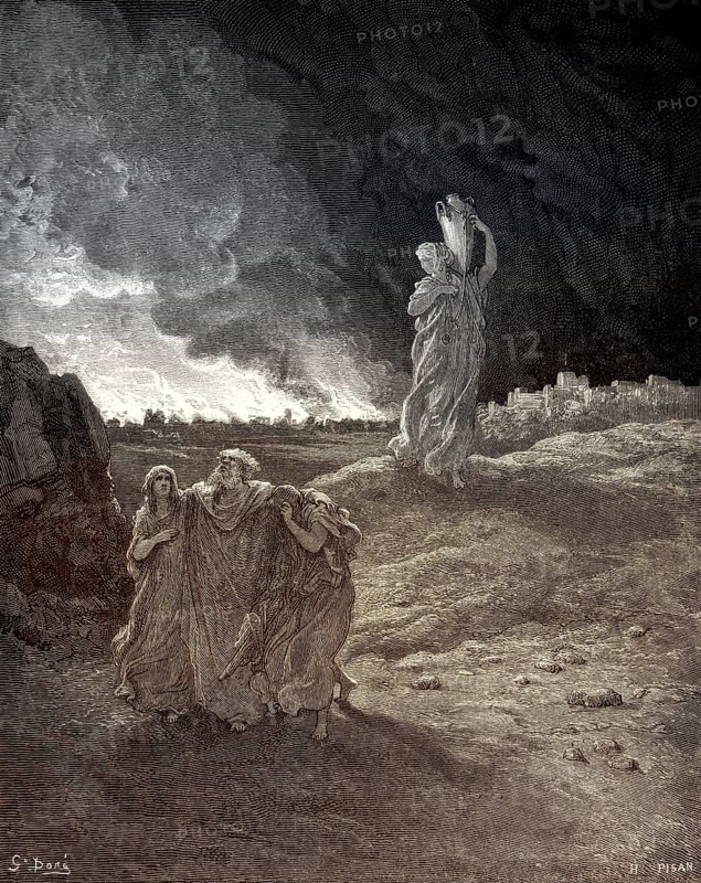 Lot and his family fleeing from burning Sodom and Gomorrah, Old Testament, woodcut by Gustave Doré