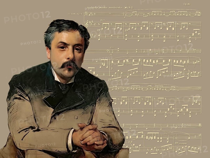 Gabriel Fauré, 1845 – 1924, French composer, digitally edited according to a painting by Paul Mathey, 1870s, first page of Pavane, Op.50