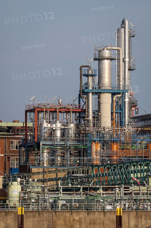 Leverkusen, North Rhine-Westphalia, Germany - Bayer Chempark Leverkusen, plant site on the Rhine, one third of all chemical production in North Rhine-Westphalia takes place here, the operating company of the Chempark is Currenta, formerly Bayer Industry Services
