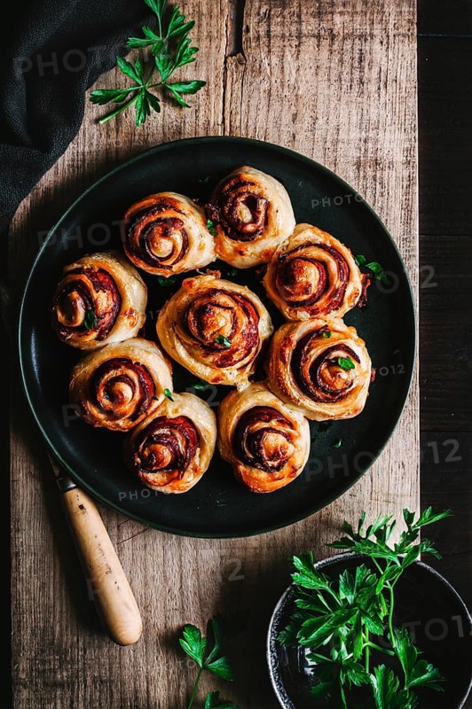 Delicious chorizo bread rolls beautifully arranged on a dark plate, set on a rustic wooden table. Fresh greens add a touch of color, enhancing the appetizing scene