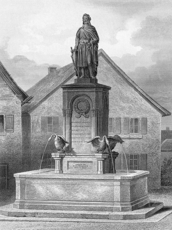Statue at Wolframs-Eschenbach, Wolfram von Eschenbach, c. 1170 - c. 1220, a German knight and poet, Denkmal in Wolframs-Eschenbach, für Wolfram von Eschenbach, 12. Jahrhundert, ein deutschsprachiger Dichter der mittelhochdeutschen Literatur