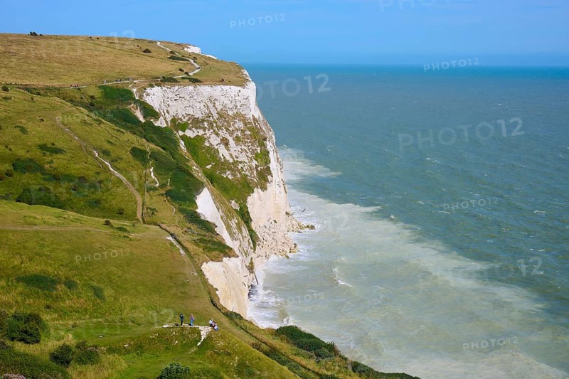 Panorama of cliffs and sea, with trails along the coastline, summer, chalk cliffs, English Channel, Dover, Kent, England, Great Britain