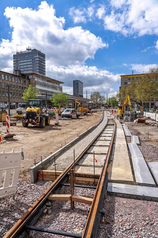 Construction site at the main railway station, for the new Citybahn, a new tram line over 5 km long, which will connect the west of Essen, the new district 51, with the city centre from 2026, Essen, North Rhine-Westphalia, Germany
