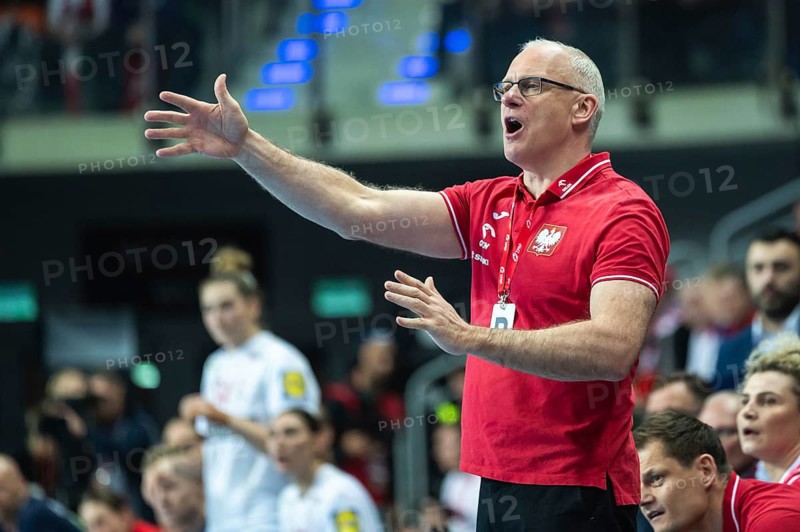 LUBIN, POLAND - FEBRUARY 28, 2024: qualifications for the European Championships handball women's match between national teams Poland and Danmark. Senstad Arne head coach of Poland.