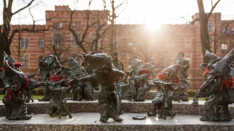 WROCLAW, POLAND - JANUARY 19, 2019: Statue of dwarves representing philarmonic orchestra of Poland located in front of the building National Forum of Music.