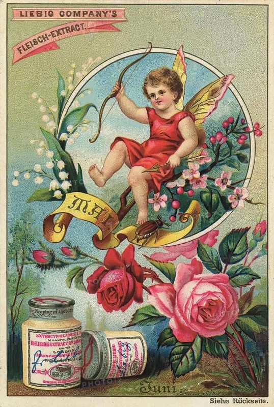 Picture series The Months, May and June, Liebig picture, digitally restored reproduction of a collector's picture from around 1900, public domain, exact date unknown, A small cupid with wings and bow and arrow sits surrounded by roses in a romantic atmosphere