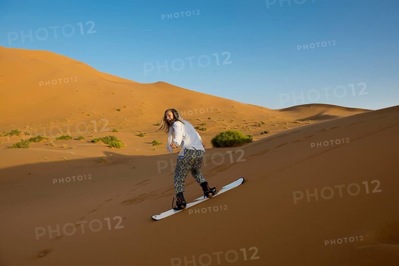Young woman with snowboard in the sand dunes, near Merzouga, Meknès-Tafilalet region, Erg Chebbi, northern Sahara, Morocco