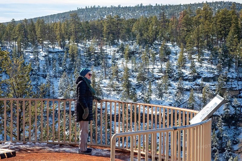 Flagstaff, Arizona - Walnut Canyon National Monument, where the Sinagua (without water) people lived in cliff dwellings more than 800 years ago. A visitor views the area from the canyon's rim