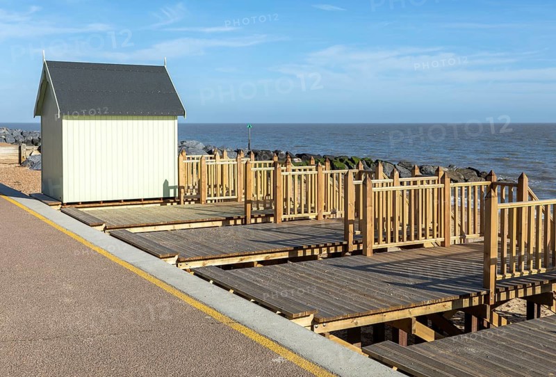 New beach huts built on beach platforms, Return of Beach Huts to the Spa initiative, Felixstowe Spa area, Felixstowe, Suffolk, England, UK