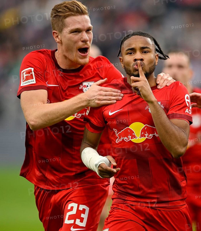 Goal celebration, gesture, gesture, still, Christopher Nkunku (18) RasenBallsport Leipzig RBL, with Marcel Halstenberg (23) RasenBallsport Leipzig RBL, PreZero Arena, Sinsheim, Baden-Württemberg, Germany
