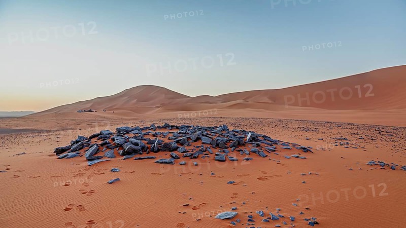 Fascinating desert landscape with gentle dunes and scattered stones under a clear sky, prehistoric stone tomb in the Sahara in Algeria