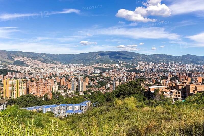 Medellin skyline view from Calasanz of skyscrapers with the city center in Medellín, Colombia