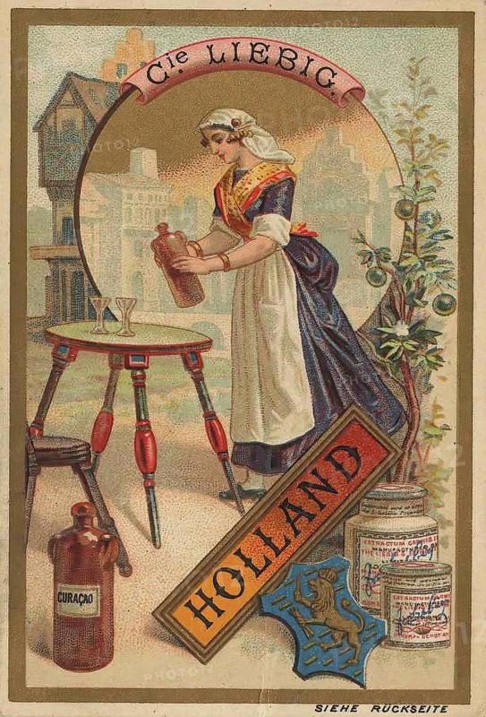 Picture series Drinks of the countries, Holland, Curacao, Liebig picture, digitally restored reproduction of a collector's picture from around 1900, public domain, exact date unknown, a Dutch woman in traditional traditional costume with a bottle of liqueur and a glass table