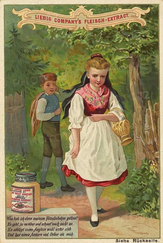 Picture series Children, Girl angrily leaves her friend, Liebig picture, digitally restored reproduction of a collector's picture from ca 1900, public domain, exact date unknown, A girl and a boy on a forest path, the girl carries a jug