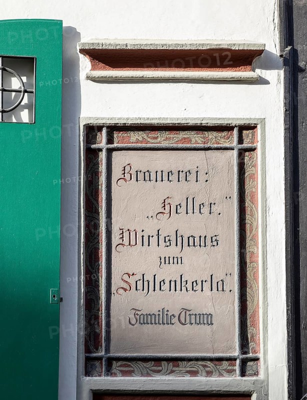 Old inscription on the façade of the famous Schlenkerla restaurant, Bamberg, Bavaria, Germany