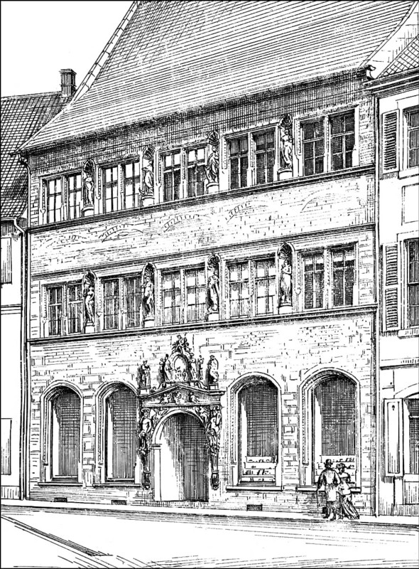 Historical architectural illustration from the 19th Century, 1881, German Renaissance style, 16th century, Martino-Katharineum Gymnasium grammar school, 1592, destroyed in World War II, Braunschweig, Lower Saxony, Germany, Europe, Deutsche Renaissance, Architektur-Zeichnung von 1881, Das Martino-Katharineum Gymnasium, 1592, Braunschweig, Niedersachsen, Deutschland, Europa