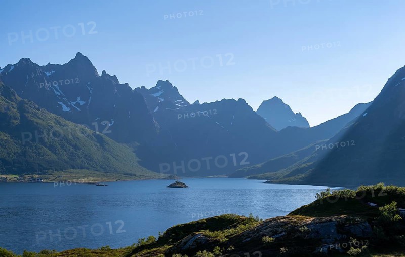 Fjord Austnesfjorden, idyllic Norwegian fjord landscape, Nordland, Norway