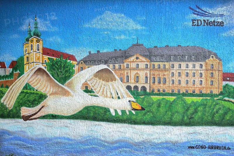 Mural with castle, St. Johann church and humped swan flying over Danube, street art, graffiti, swan figure, sights, electricity supplier ED Netze transformer houses, Donaueschingen, Southern Black Forest, Black Forest, Baden-Württemberg, Germany