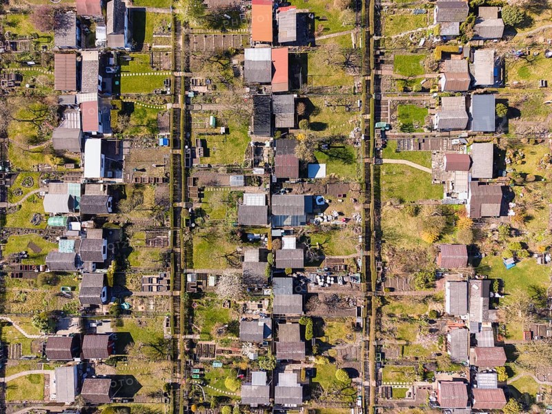 Aerial view, top down view, allotment garden, allotment gardens, allotment association Zeppelinfeld e.V., Nuremberg, Middle Franconia, Bavaria, Germany