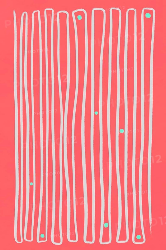 This artwork consists of repeated white vertical lines overlaid on a vivid coral background with scattered turquoise dots, capturing a minimalist aesthetic