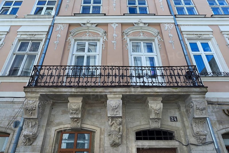 Decorative balcony of a 19th century tenement house, Lviv, Ukraine