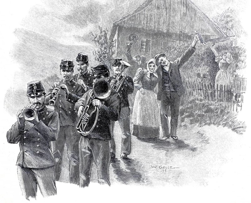 Home fiddling or home lighting by a brass band. The inhabitants of the house wave happily to say goodbye, 1897, Germany, illustration, reproduction of a model from the 19th century. Authentic, file restored for optimal use, exact date of presentation unknown, historical, marching brass band on a village street, cheerful atmosphere