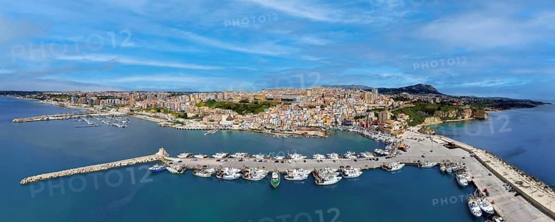 Aerial view, panorama, harbor in front, fishing port, fishing boats, ships, marina on the left, Sciacca, picturesque, port town, thermal spa, Agrigento Free Community Consortium, Sicily region, Italy, Mediterranean
