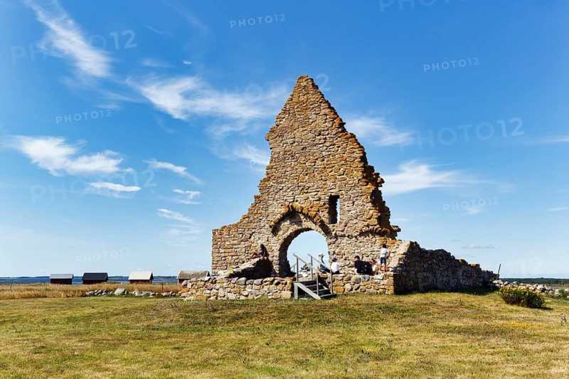 Ruins of St. Bridget's Chapel, Sankta Britas Chapel, Middle Ages, tourists enjoy historic atmosphere and views of the Baltic Sea, Cirrus in summer, Sikavarp, Kapelludden, East Coast, Öland Island, Kalmar län, Sweden